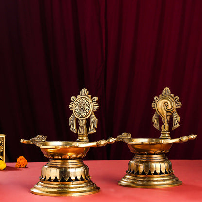 Brass Superfine Shankh Chakra And Namah Diya Set (9.5 Inch)