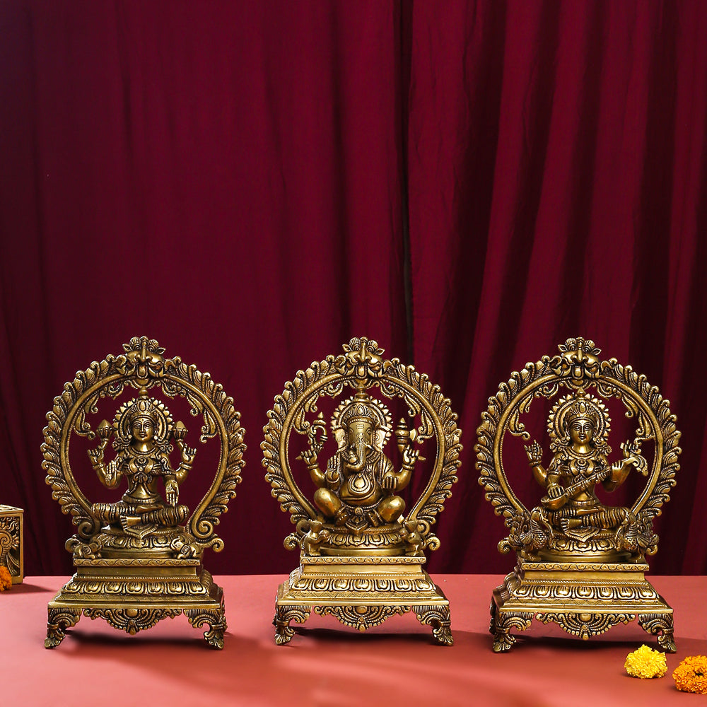 Brass Superfine Lakshmi, Ganesha And Saraswati On Throne Idol Set (14 Inch)