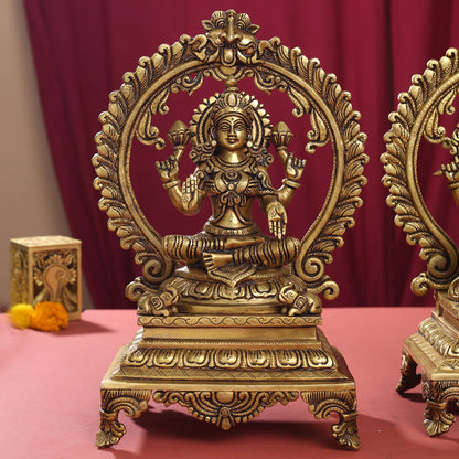 Brass Superfine Lakshmi, Ganesha And Saraswati On Throne Idol Set (14 Inch)