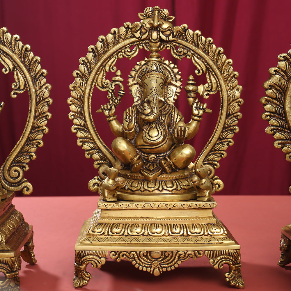 Brass Superfine Lakshmi, Ganesha And Saraswati On Throne Idol Set (14 Inch)