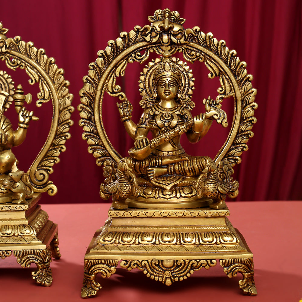 Brass Superfine Lakshmi, Ganesha And Saraswati On Throne Idol Set (14 Inch)