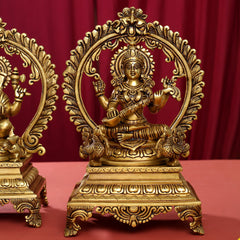 Brass Superfine Lakshmi, Ganesha And Saraswati On Throne Idol Set (14 Inch)
