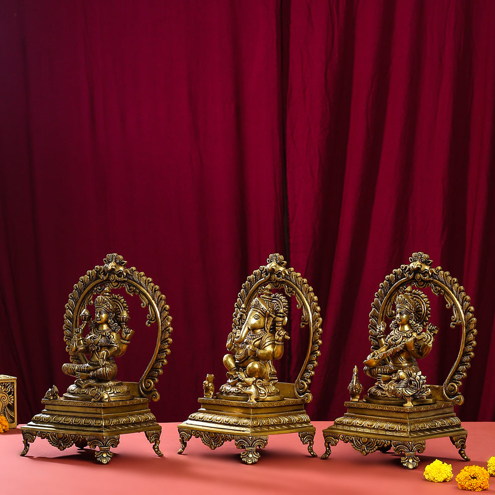 Brass Superfine Lakshmi, Ganesha And Saraswati On Throne Idol Set (14 Inch)