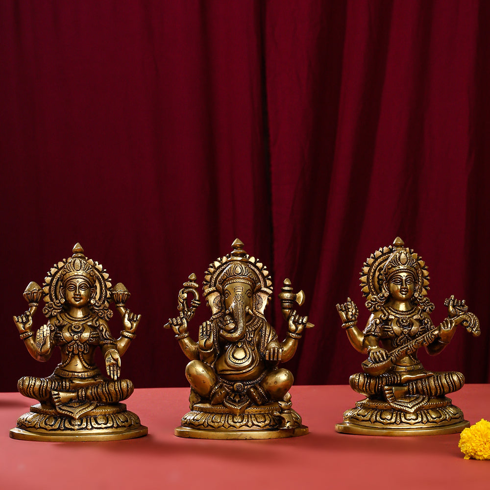 Brass Superfine Ganesha Lakshmi Saraswati Set (8 Inch)