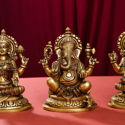 Brass Superfine Ganesha Lakshmi Saraswati Set (8 Inch)