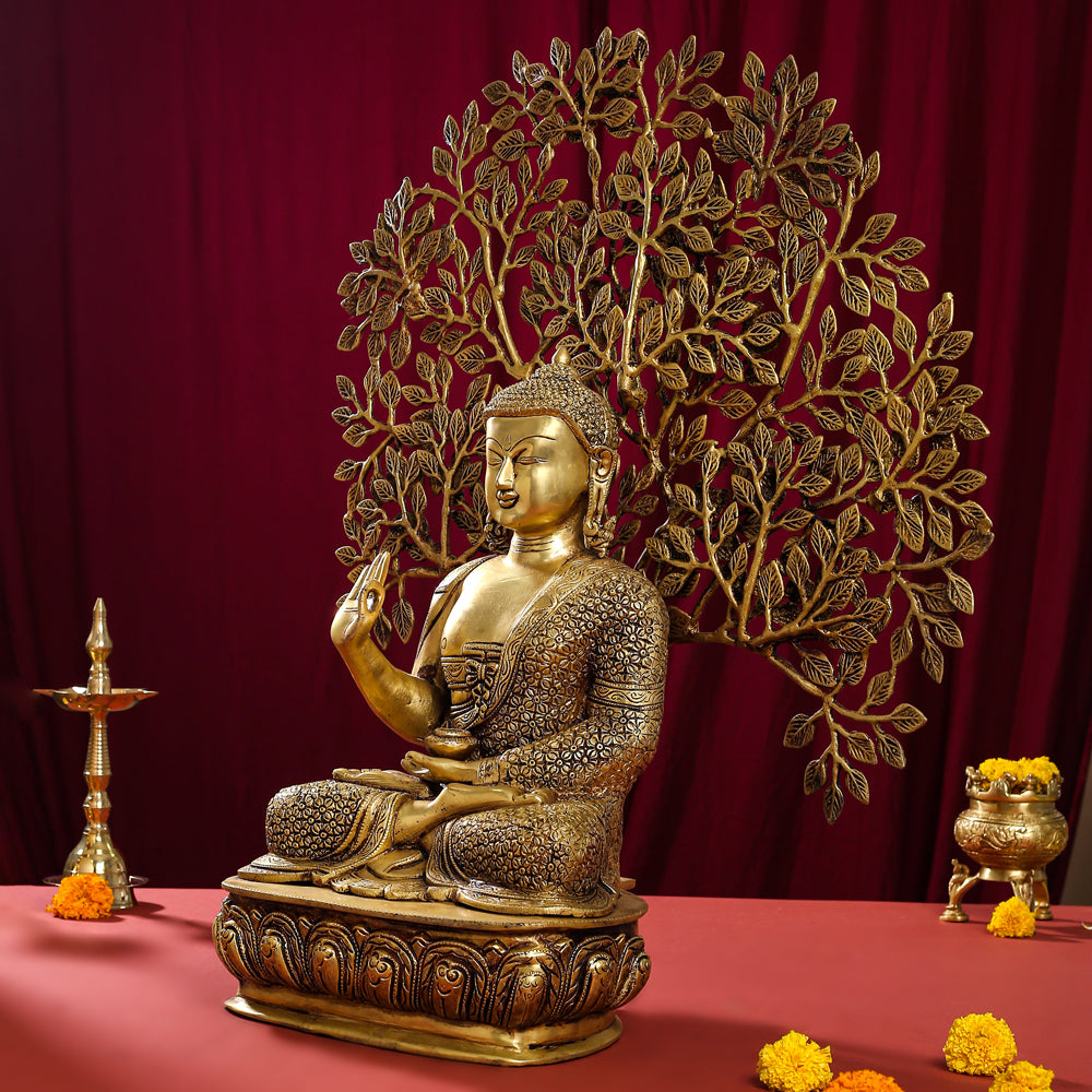 Brass Home Decor Buddha Statue With Tree (26 Inch)