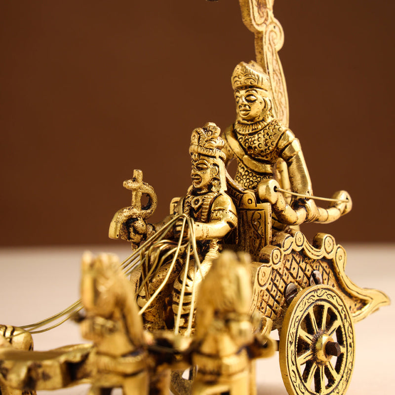 Brass Arjun and Krishna Rath – Divine Chariot Sculpture (7 Inch)