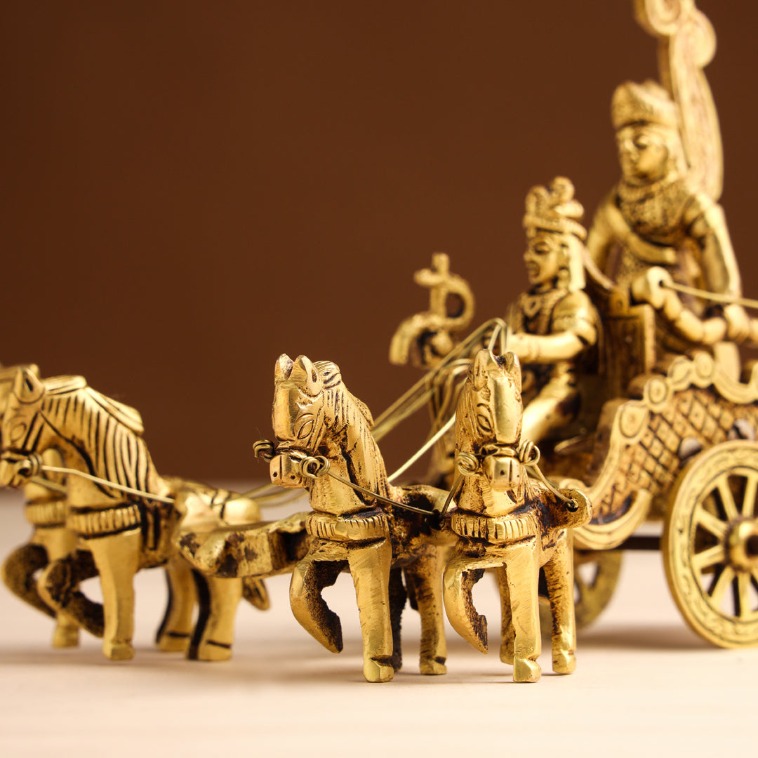 Brass Arjun and Krishna Rath – Divine Chariot Sculpture (7 Inch)