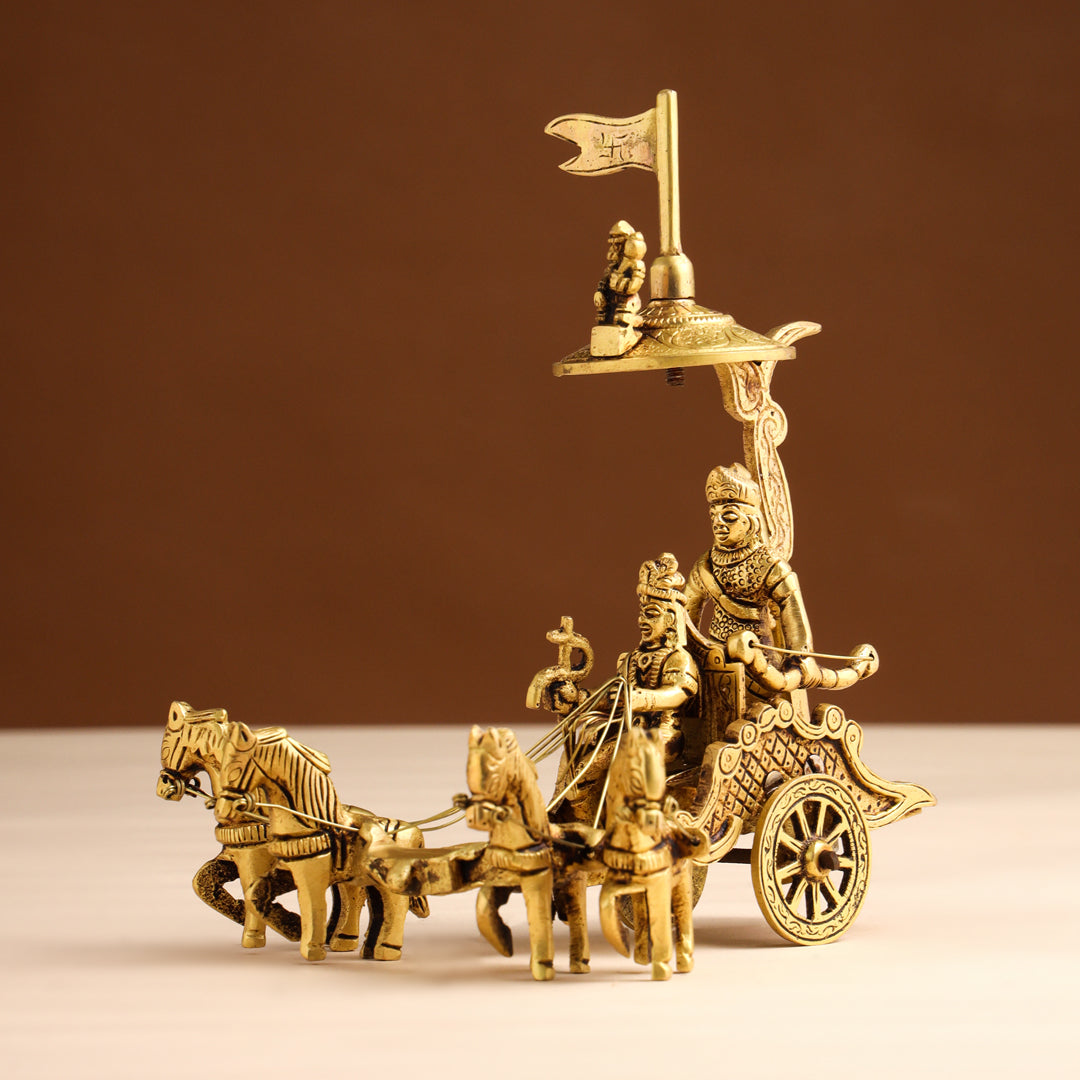 Brass Arjun and Krishna Rath – Divine Chariot Sculpture (7 Inch)