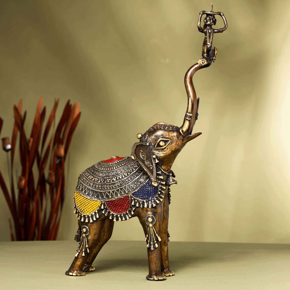 Brass Dhokra up Trunk Monkey Elephant Statue (23.5 Inch)
