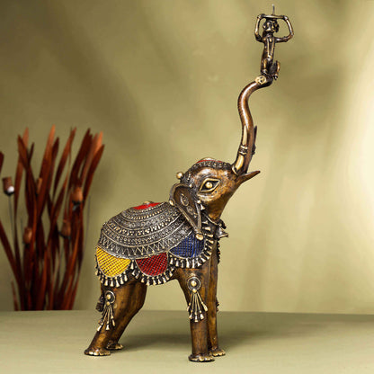 Brass Dhokra up Trunk Monkey Elephant Statue (23.5 Inch)