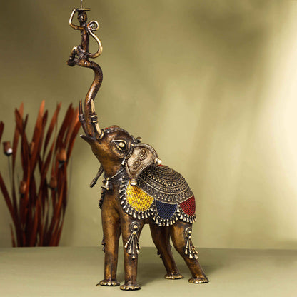 Brass Dhokra up Trunk Monkey Elephant Statue (23.5 Inch)