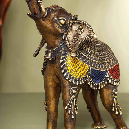 Brass Dhokra up Trunk Monkey Elephant Statue (23.5 Inch)