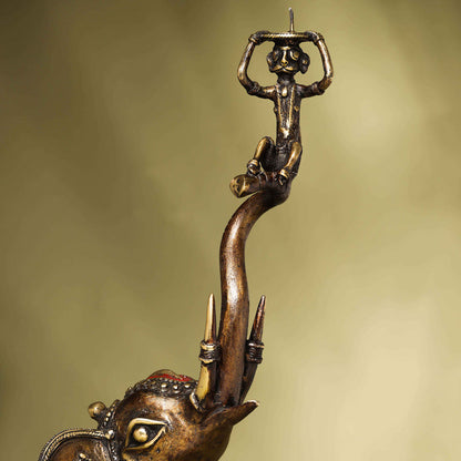 Brass Dhokra up Trunk Monkey Elephant Statue (23.5 Inch)