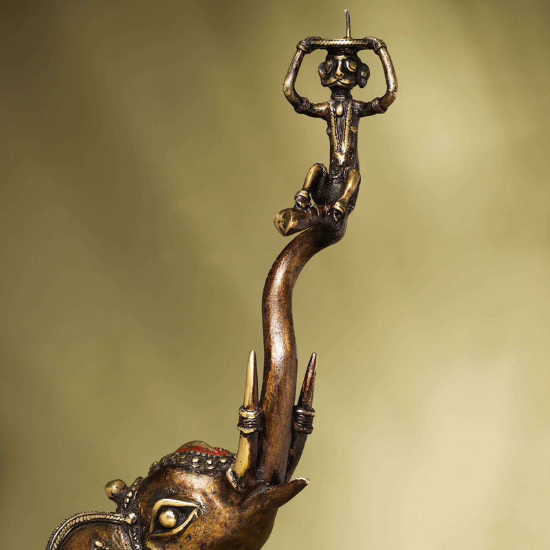 Brass Dhokra up Trunk Monkey Elephant Statue (23.5 Inch)