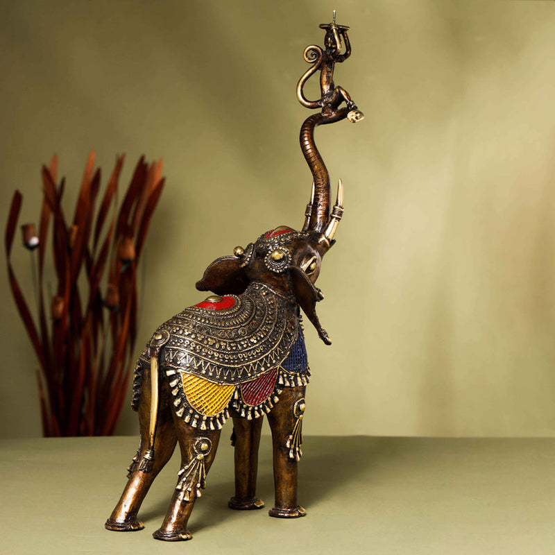 Brass Dhokra up Trunk Monkey Elephant Statue (23.5 Inch)