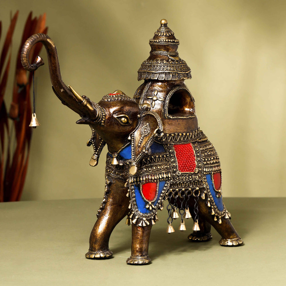 Brass Dhokra Elephant up Trunk Statue with Temple (15.5 Inch)