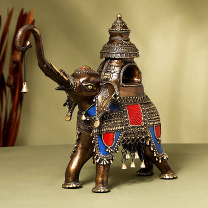 Brass Dhokra Elephant up Trunk Statue with Temple (15.5 Inch)