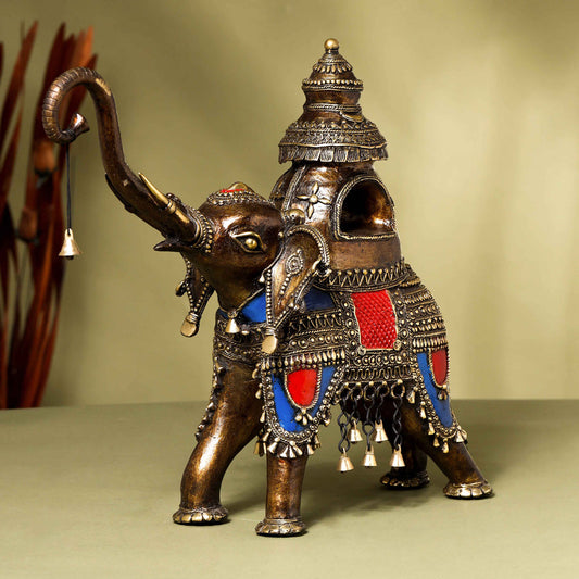 Brass Dhokra Elephant up Trunk Statue with Temple (15.5 Inch)