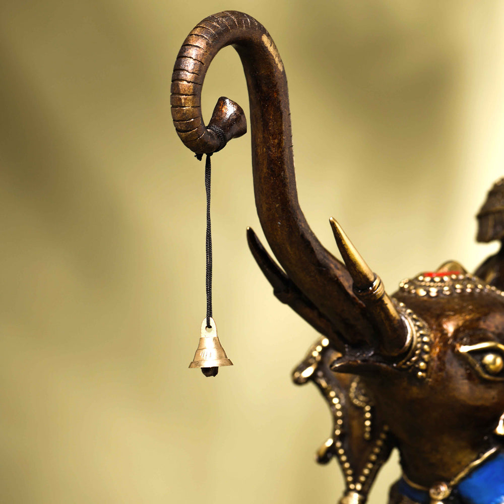 Brass Dhokra Elephant up Trunk Statue with Temple (15.5 Inch)