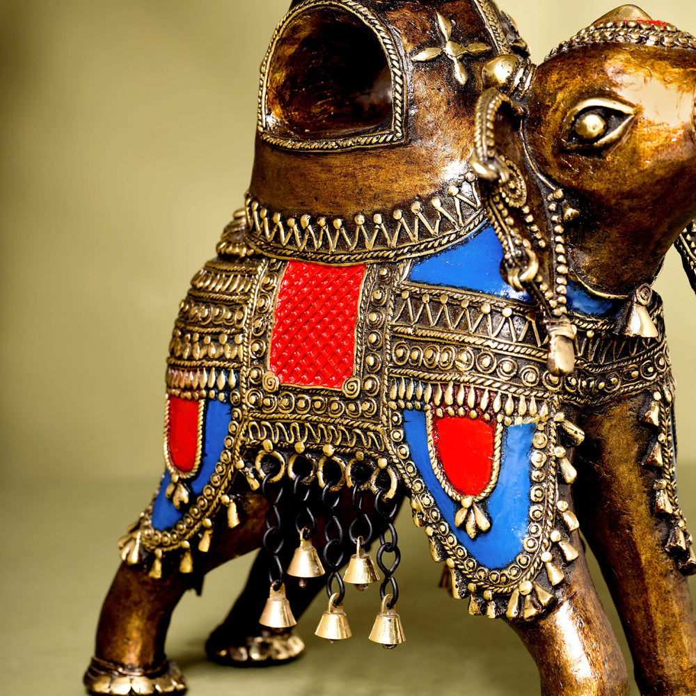 Brass Dhokra Elephant up Trunk Statue with Temple (15.5 Inch)