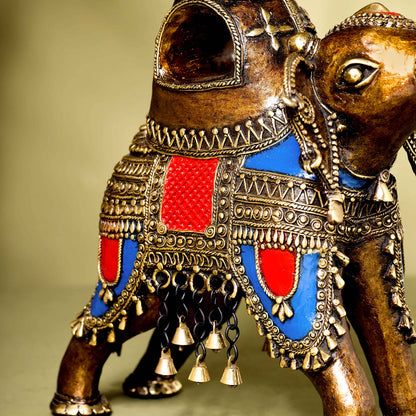 Brass Dhokra Elephant up Trunk Statue with Temple (15.5 Inch)