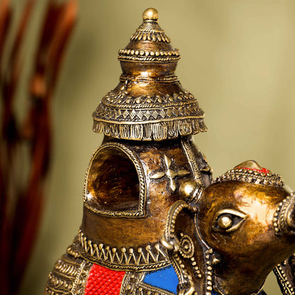 Brass Dhokra Elephant up Trunk Statue with Temple (15.5 Inch)