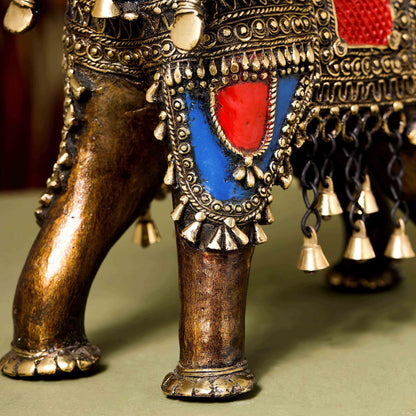 Brass Dhokra Elephant up Trunk Statue with Temple (15.5 Inch)