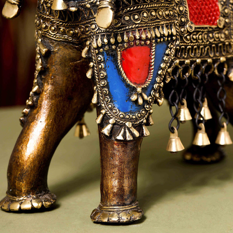 Brass Dhokra Elephant up Trunk Statue with Temple (15.5 Inch)