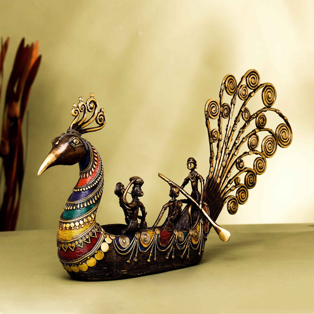Brass Dhokra Peacock Five Men Boat (13 Inch)