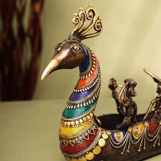Brass Dhokra Peacock Five Men Boat (13 Inch)
