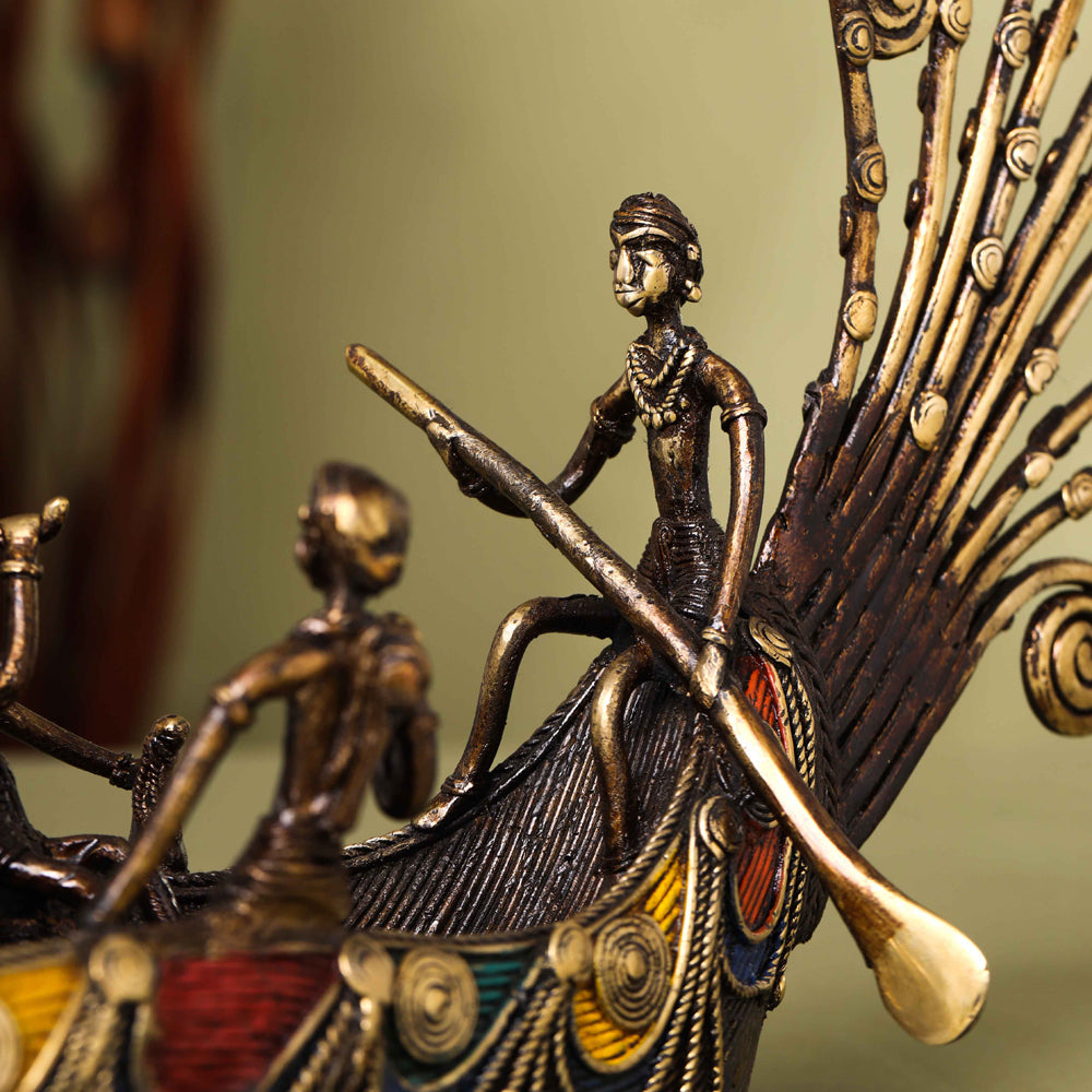 Brass Dhokra Peacock Five Men Boat (13 Inch)