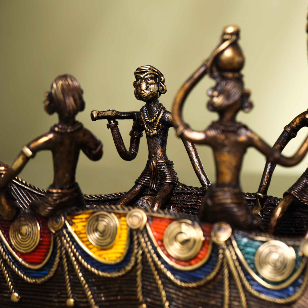 Brass Dhokra Peacock Five Men Boat (13 Inch)