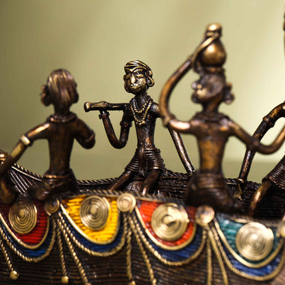 Brass Dhokra Peacock Five Men Boat (13 Inch)