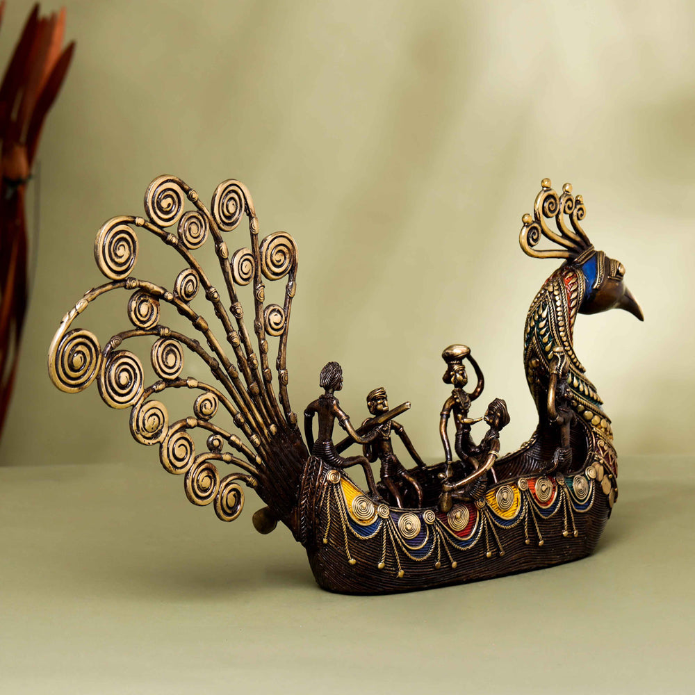 Brass Dhokra Peacock Five Men Boat (13 Inch)
