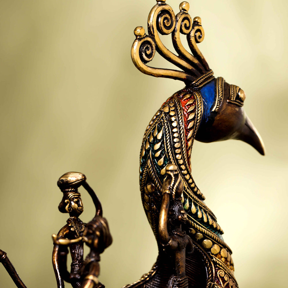 Brass Dhokra Peacock Five Men Boat (13 Inch)