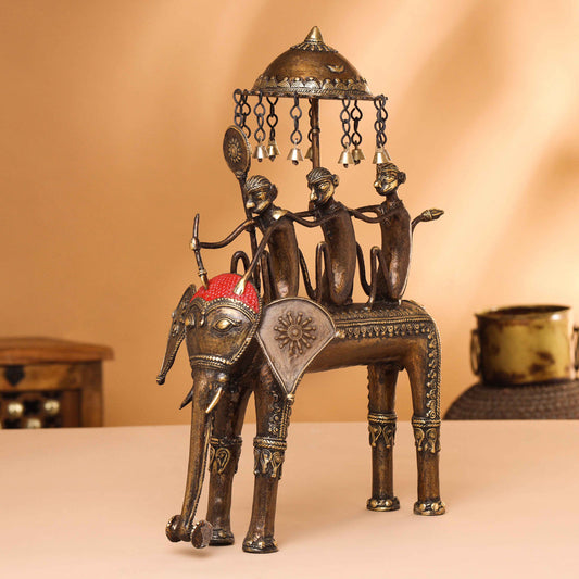 Brass Dhokra Three Monkey Elephant Statue (17.5 Inch)