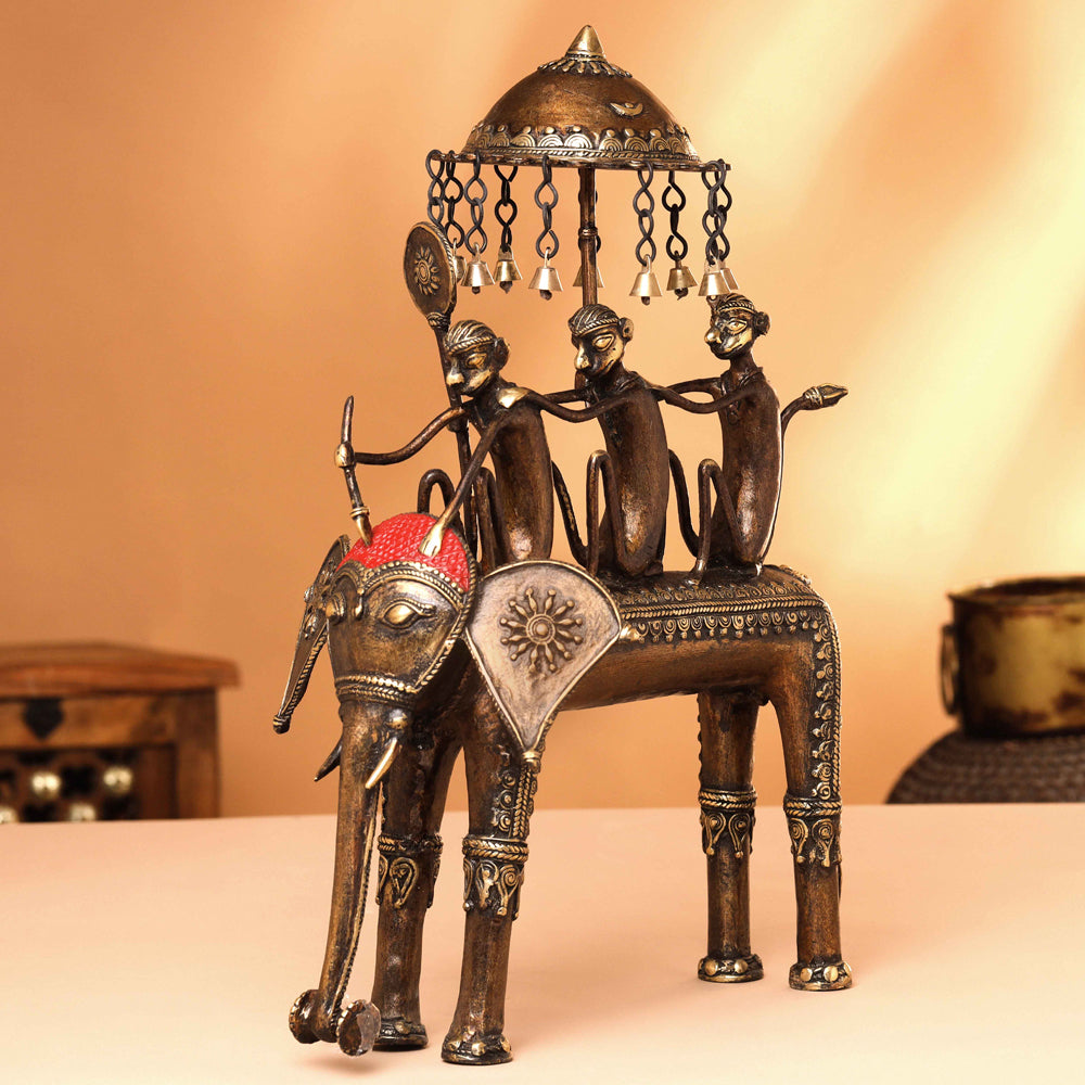 Brass Dhokra Three Monkey Elephant Statue (17.5 Inch)