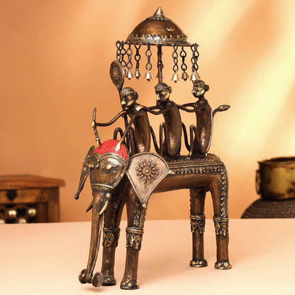Brass Dhokra Three Monkey Elephant Statue (17.5 Inch)