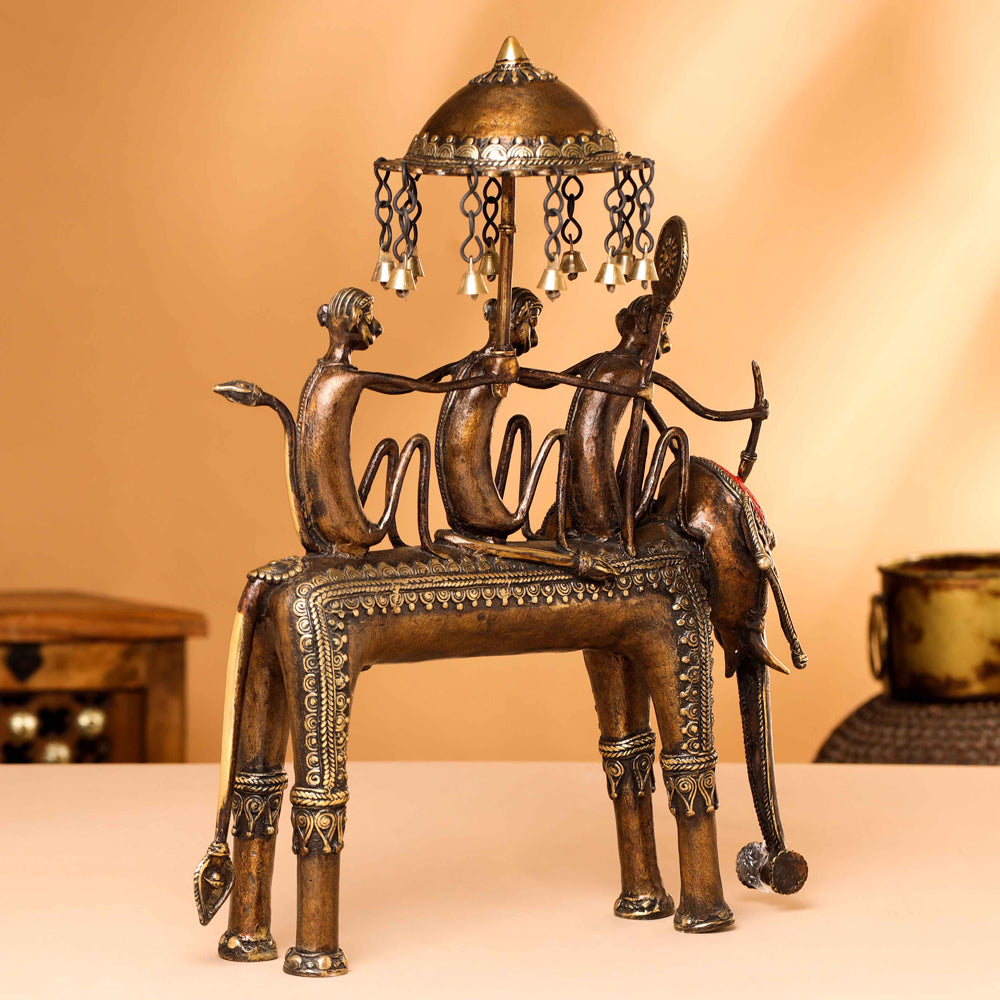 Brass Dhokra Three Monkey Elephant Statue (17.5 Inch)