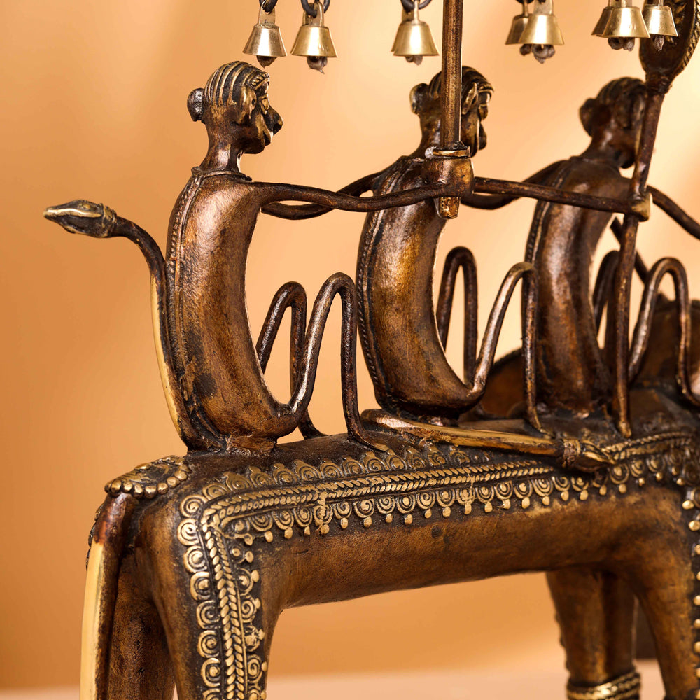 Brass Dhokra Three Monkey Elephant Statue (17.5 Inch)