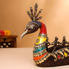 Brass Dhokra Peacock Nine Men Boat (15.5 Inch)