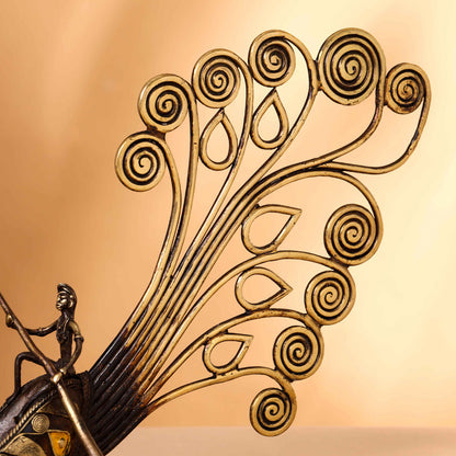 Brass Dhokra Peacock Nine Men Boat (15.5 Inch)