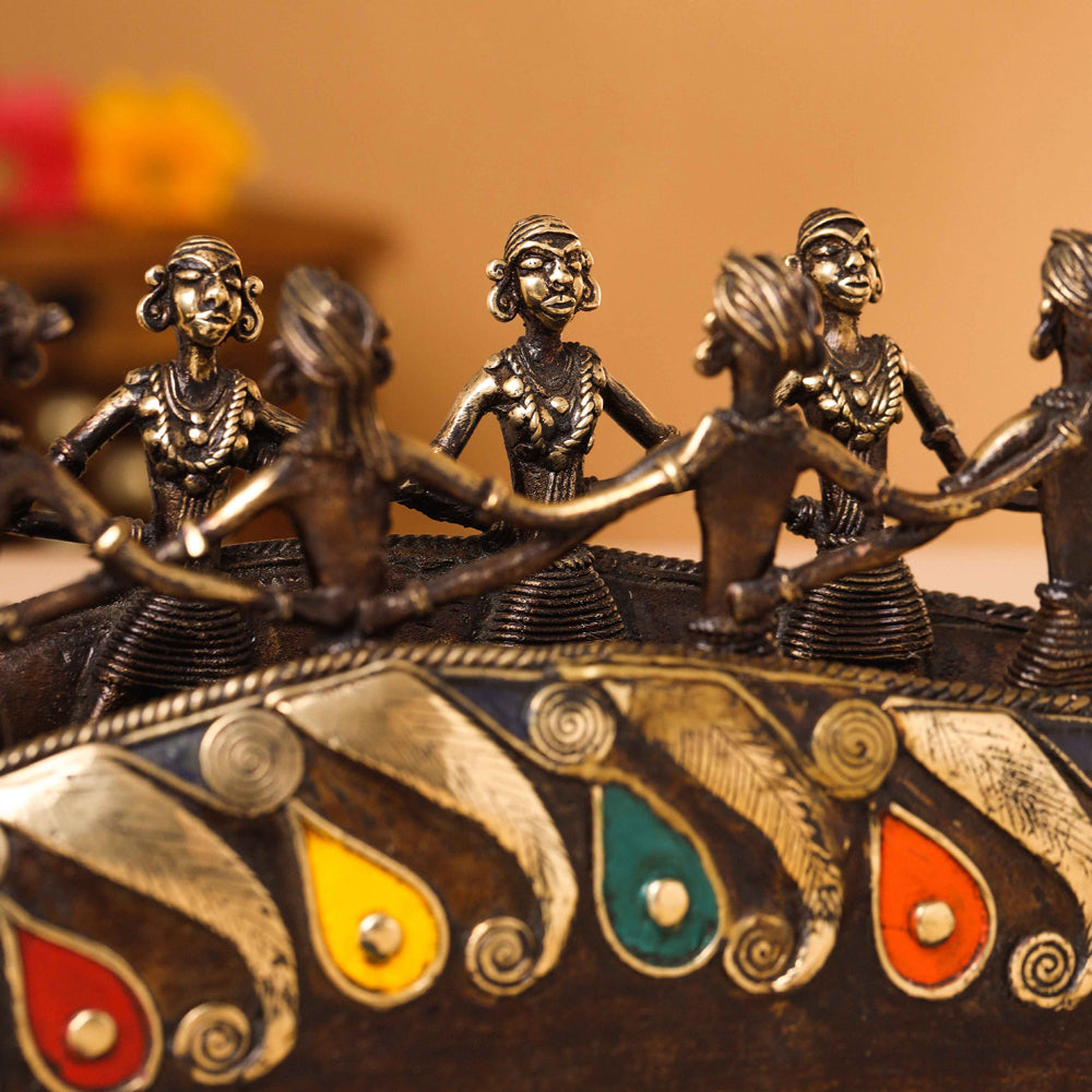 Brass Dhokra Peacock Nine Men Boat (15.5 Inch)