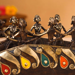 Brass Dhokra Peacock Nine Men Boat (15.5 Inch)
