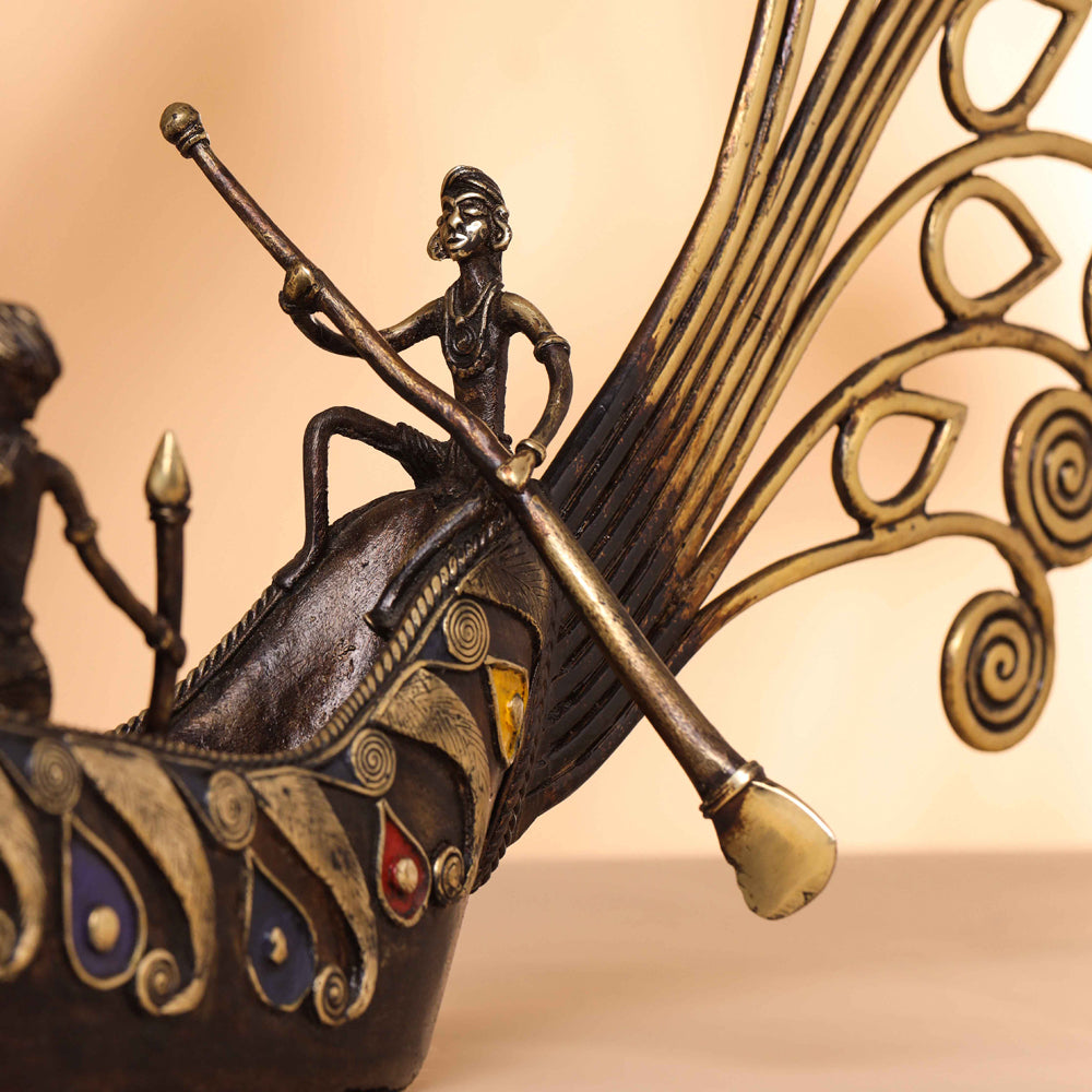 Brass Dhokra Peacock Nine Men Boat (15.5 Inch)