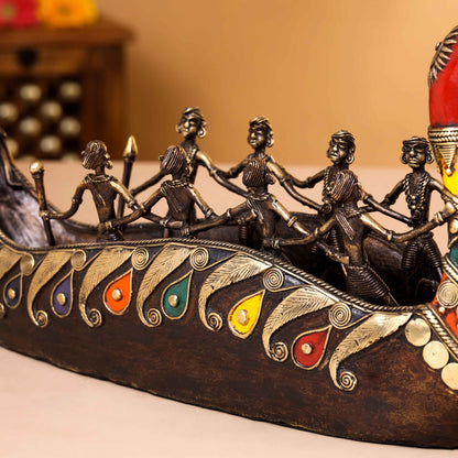 Brass Dhokra Peacock Nine Men Boat (15.5 Inch)