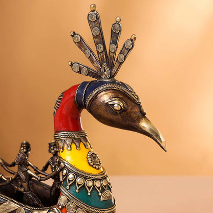 Brass Dhokra Peacock Nine Men Boat (15.5 Inch)