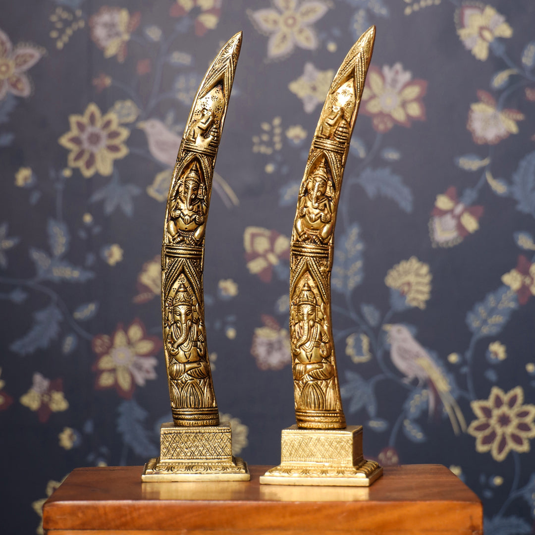 Brass Ganesha Design Elephant Tusk Set (12.5 Inch)