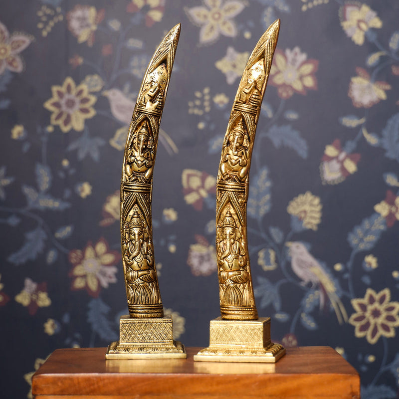 Brass Ganesha Design Elephant Tusk Set (12.5 Inch)